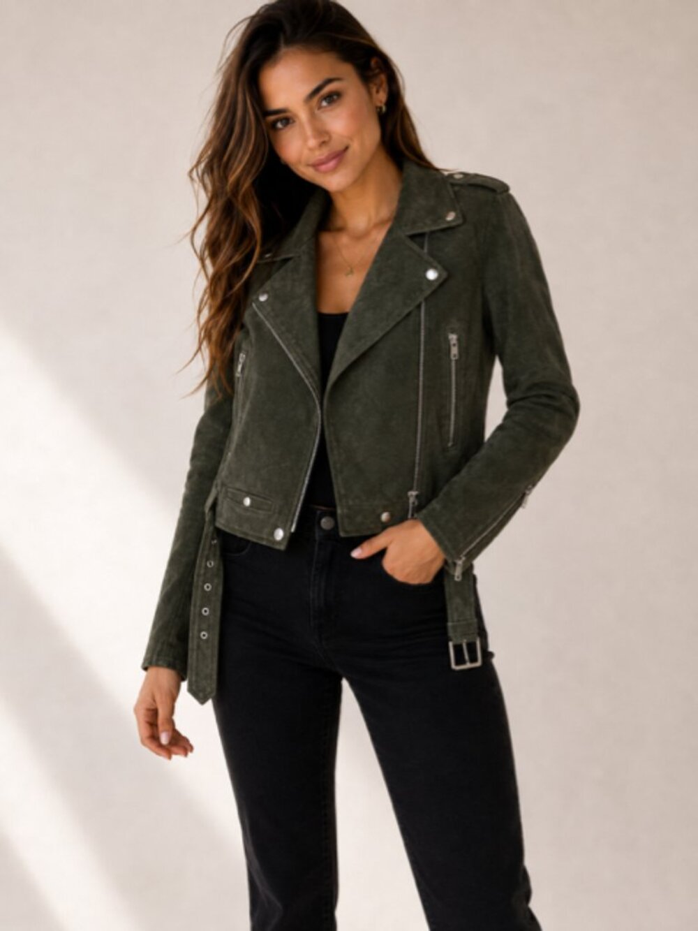 BLANKNYC Olive Green Suede Moto Jacket Size S